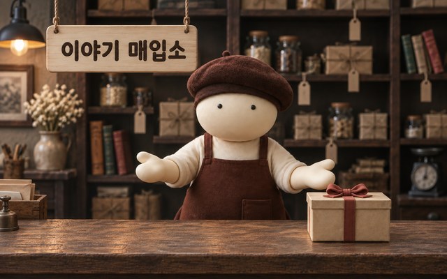카운터 뒤에서 두 손을 내민 점원과 리본을 묶은 상자, 위에 걸린 「이야기 매입소」 간판