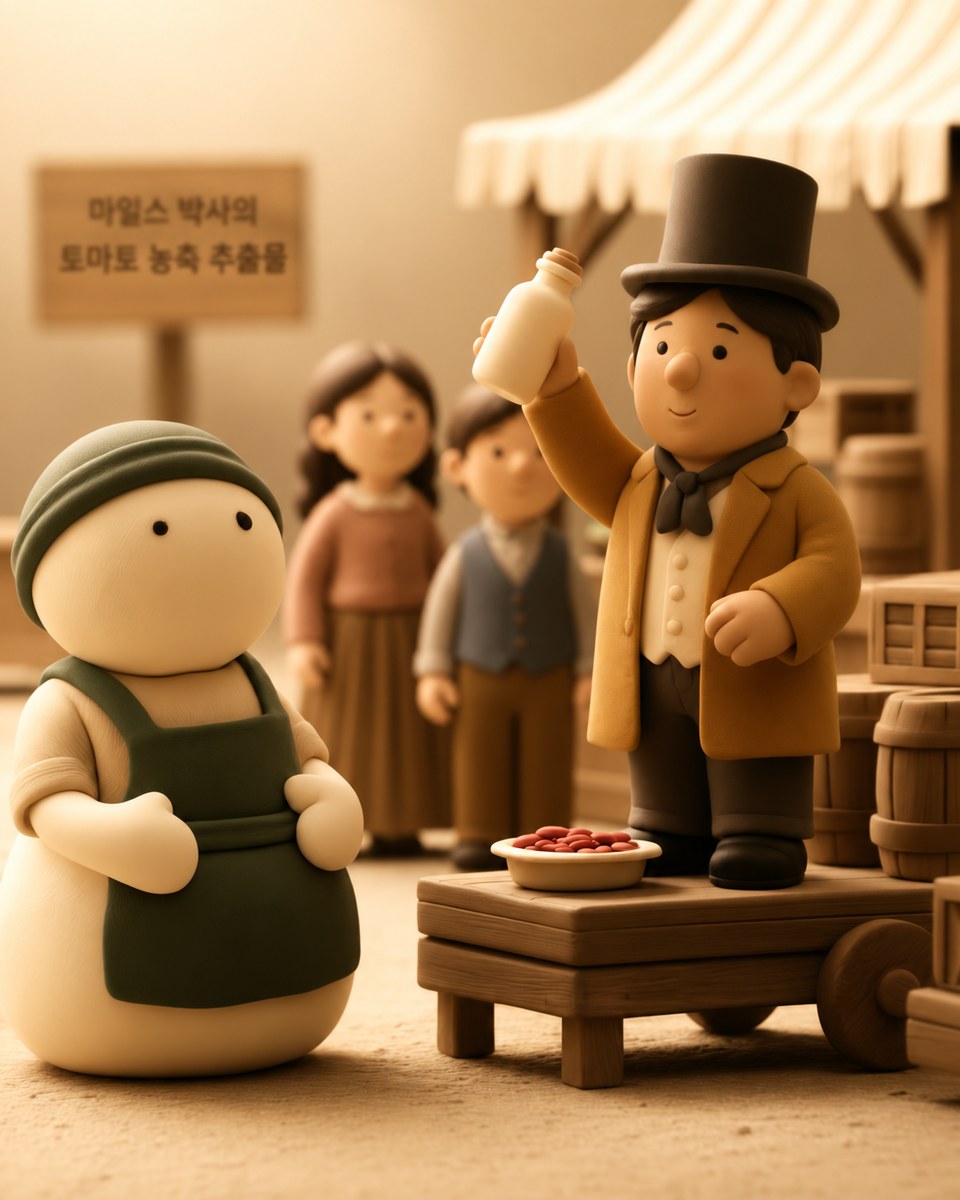 19세기 미국 시골 장터에서 마차 위에 올라 약병을 들어 보이는 실크햇 차림의 약장수와 지켜보는 점원