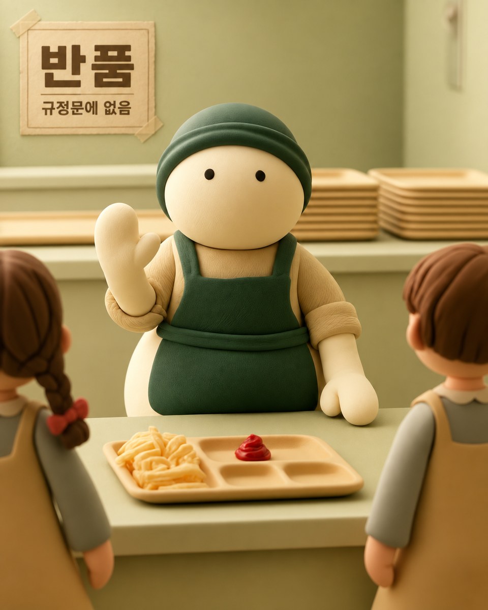 급식실 카운터에서 채소 칸에 케첩만 놓인 급식판을 앞에 두고 손을 들어 물리는 점원과 뒤에 선 아이들