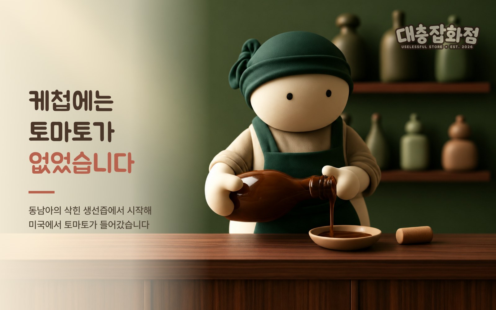 가게 카운터에서 불투명한 병을 기울여 검은 즙을 접시에 따르는 점원