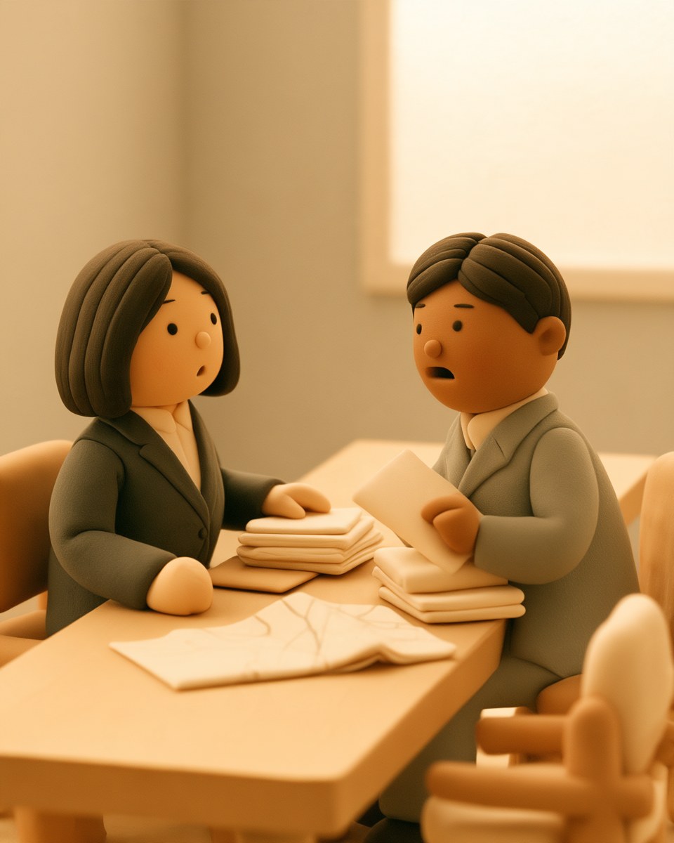 회의실 탁자를 사이에 두고 마주 앉은 두 사람과 펼쳐진 지도