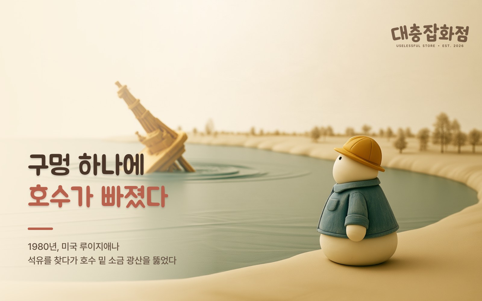 기울어진 시추탑이 서 있는 호수와 물가에서 그것을 보는 점원