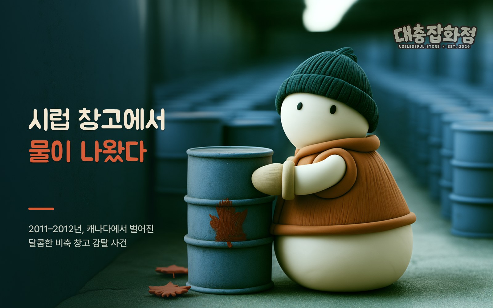 창고에 늘어선 드럼통 사이에서 통 하나를 안고 있는 점원