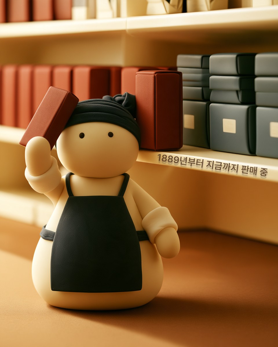 화투 상자가 쌓인 선반 앞에서 화투 한 갑을 들어 보이는 점원, 선반 턱에 「1889년부터 지금까지 판매 중」이라고 적혀 있다
