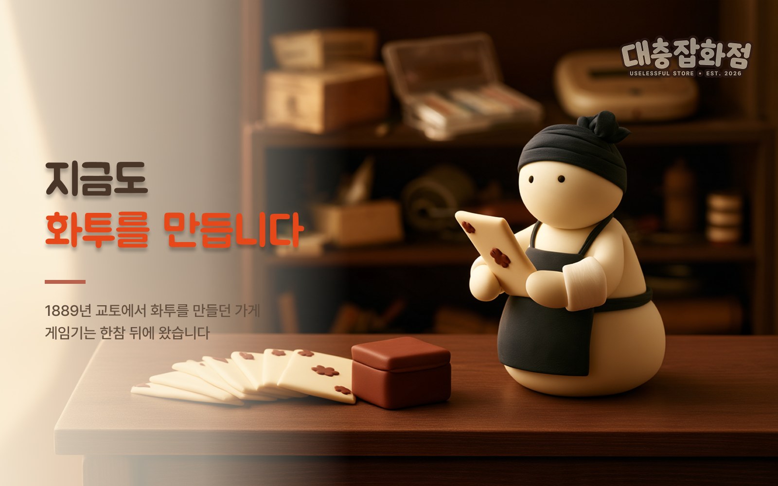 가게 선반 앞에서 화투 한 장을 들여다보는 점원과 계산대에 펼쳐진 화투 부채